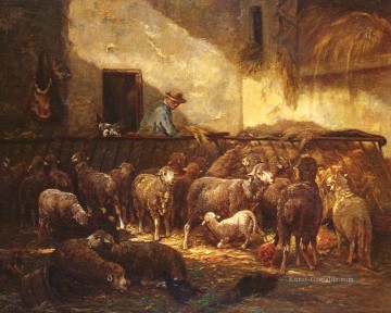 Französisch 1813 bis 1894A Flock Schaf in einer Scheune Tierier Charles Emile Jacque Ölgemälde